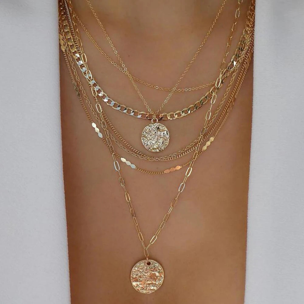 Vintage New Gold Color Multiple Styles Necklace For Women Boho Trendy Multi-Layer Crystal Pendant Necklaces Set Jewelry Gifts